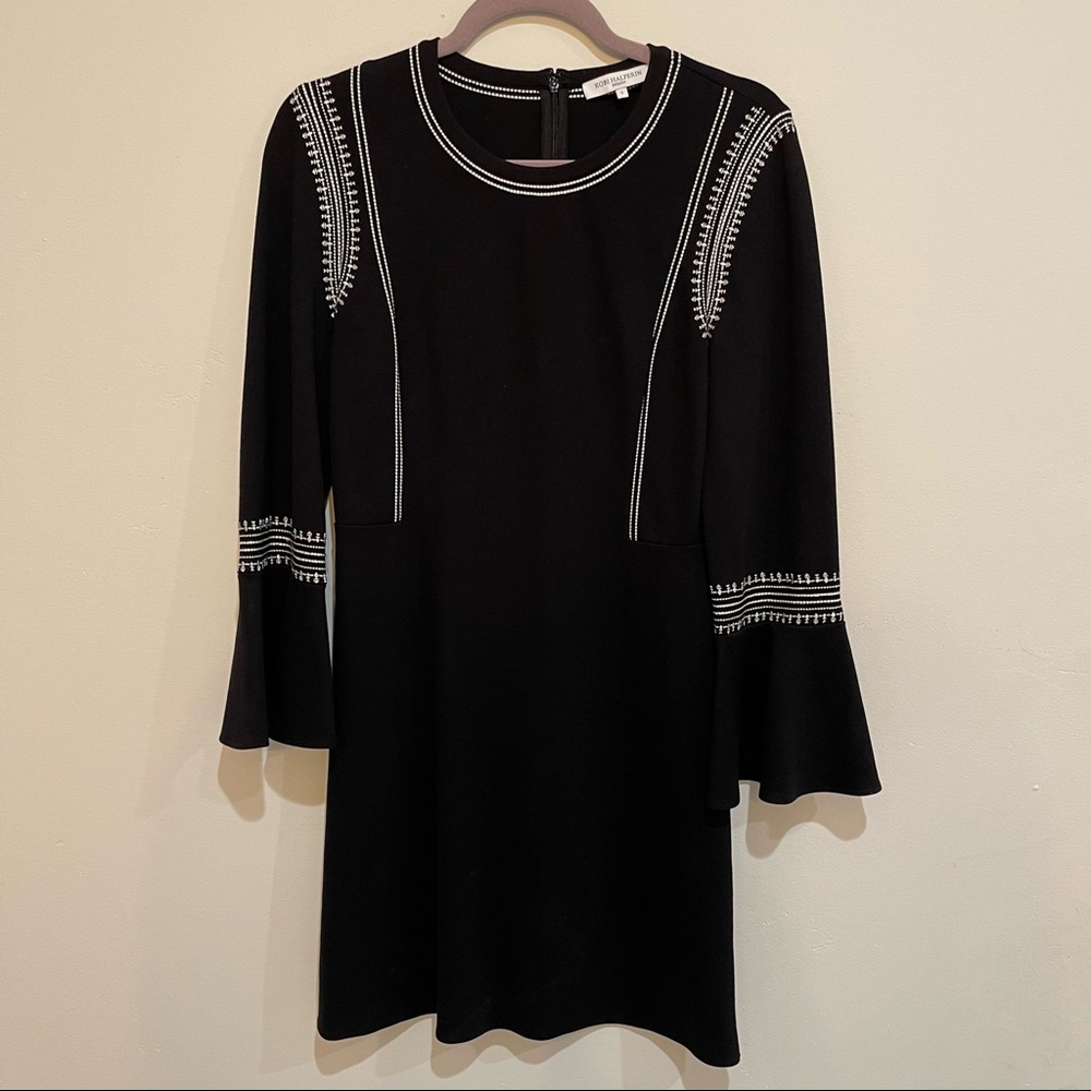 Kobi Halperin Black Bell Sleeve Dress w/ White Embroidery Excellent Condition